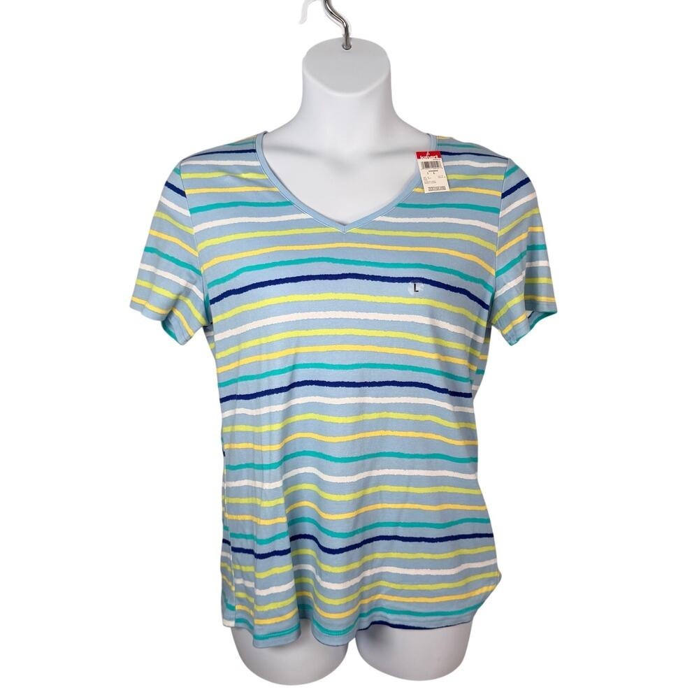 Basic Editions Top Womens Large Blue Multicolor‎ Stripe V-neck Tee Kmart Tags